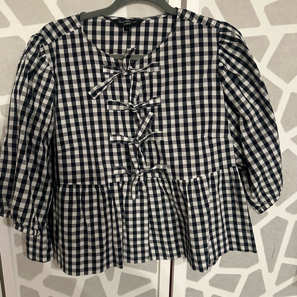 Velvet Heart Navy and White Gingham Bow-Tie Peplum Blouse